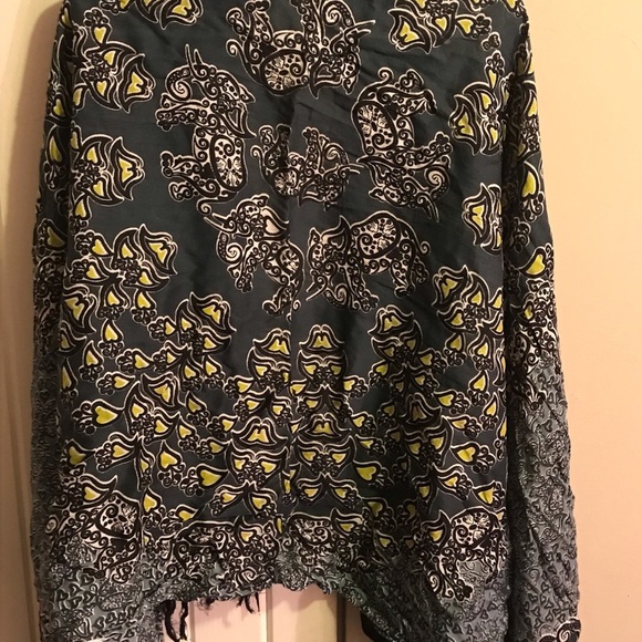 Navy, Blue, & Yellow Fringe Large Scarf from Mexico Abstract Elephant Patterned - Picture 4 of 6